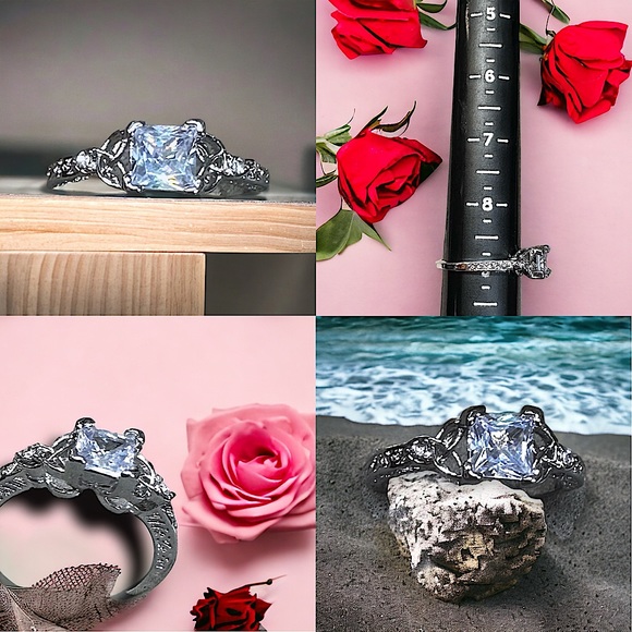 .925 silver ring with CZ stones filigree crystals square cut ~brand new~ - Picture 2 of 3